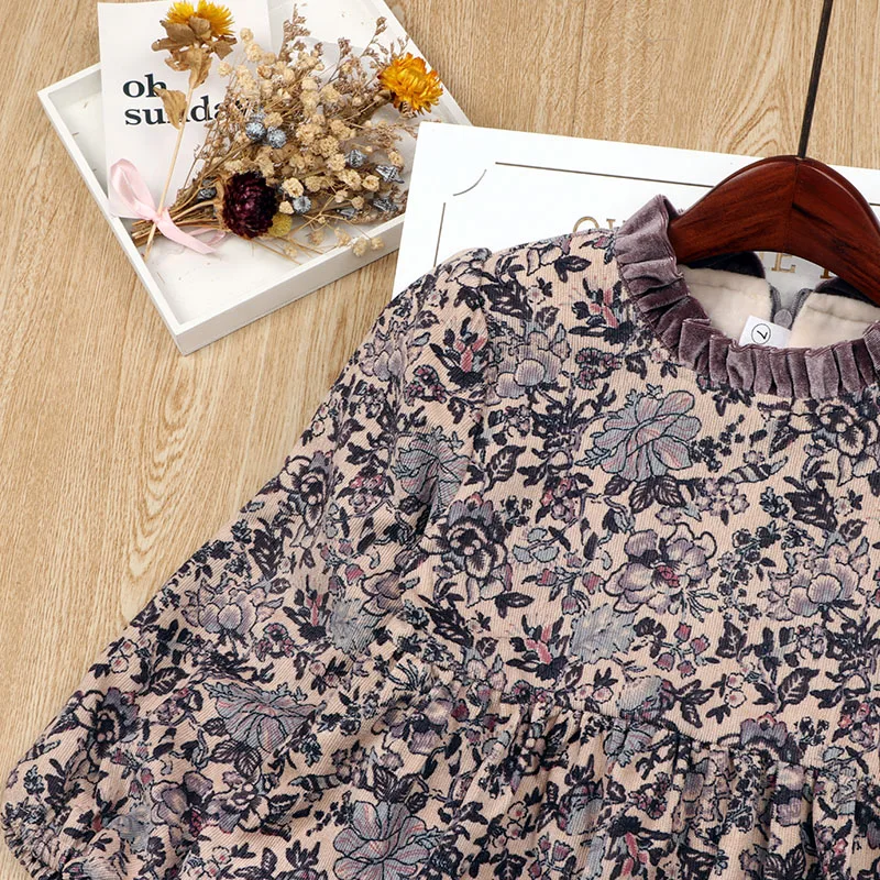 Jargazol/платье для маленьких девочек; зимний флисовый Детский костюм; vestidos с цветочным принтом; осенние вельветовые Детские платья для девочек; наряд