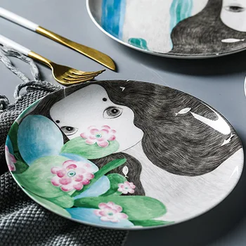 

Fine Bone China 8inch Girl Decorative Plates In-glaze for Cake Dessert Food Creative Kitchen Table Porcelain Serving Dinner Dish