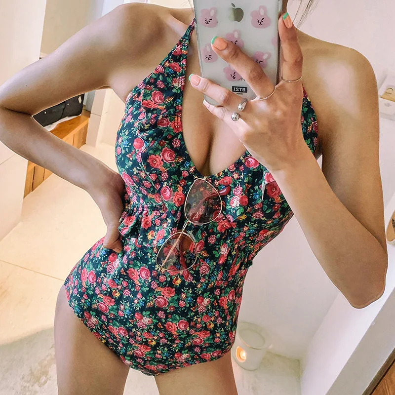 

One-Piece Swimsuits Swimwear 2019 Bathing Suit Beach Womens One Piece Bikini Swimsuit Red New Retro Hot Korea Fragmentary Flower