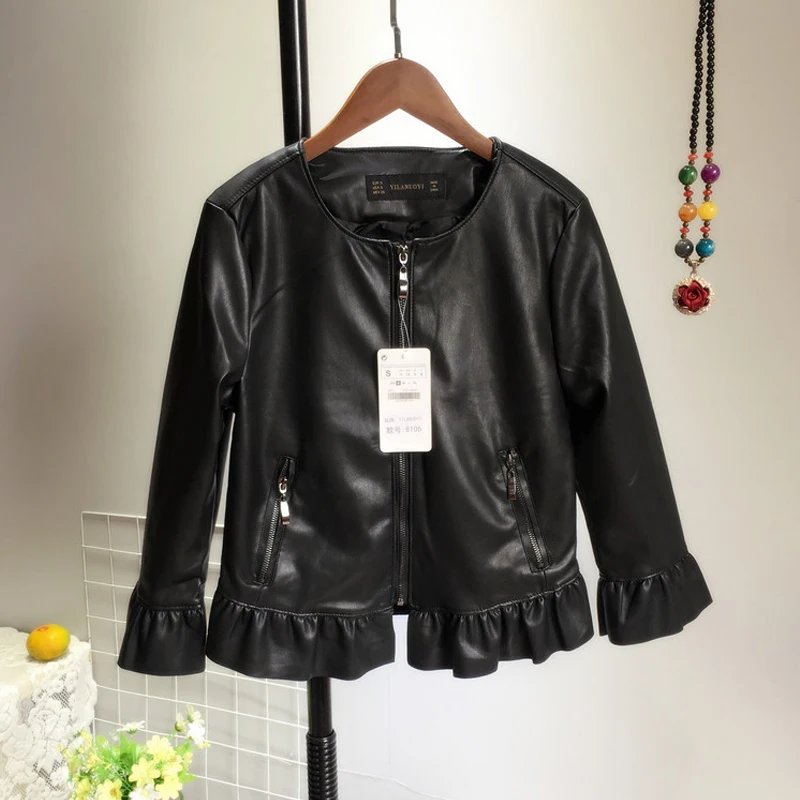 

Spring Autumn Woman's New Short Jacket with Fungus Lace Round Collar Soft PU Leather Jacket Girls Ladies Leisure Coat Coats