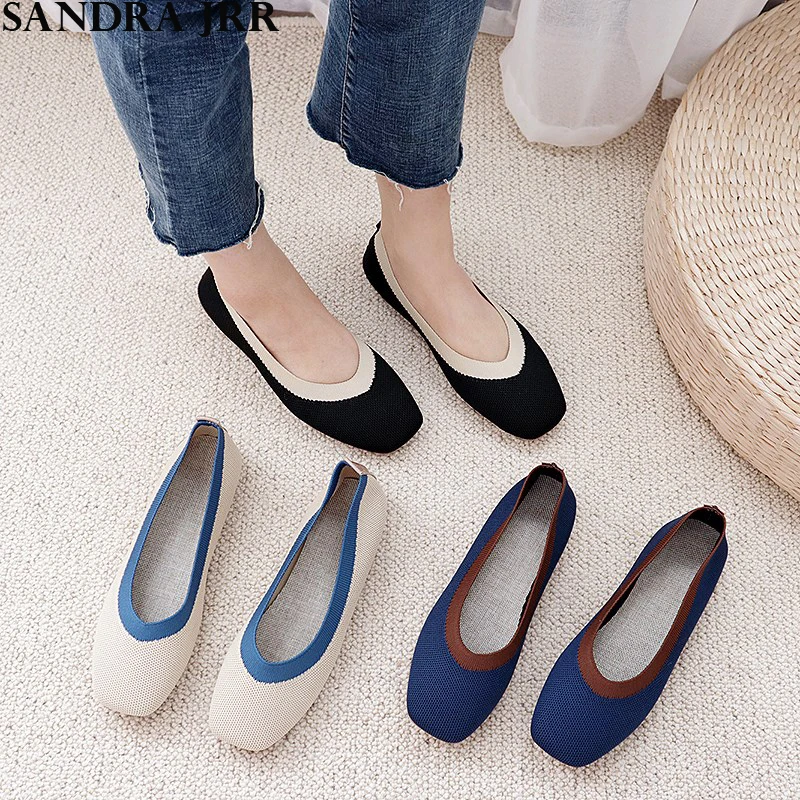 

SANDRA JRR 2020 Spring Women Flats Knit Fabric Square Toe Slip On Ballet Flats Female Casual Daily Weekends Shoes Drive Shoes