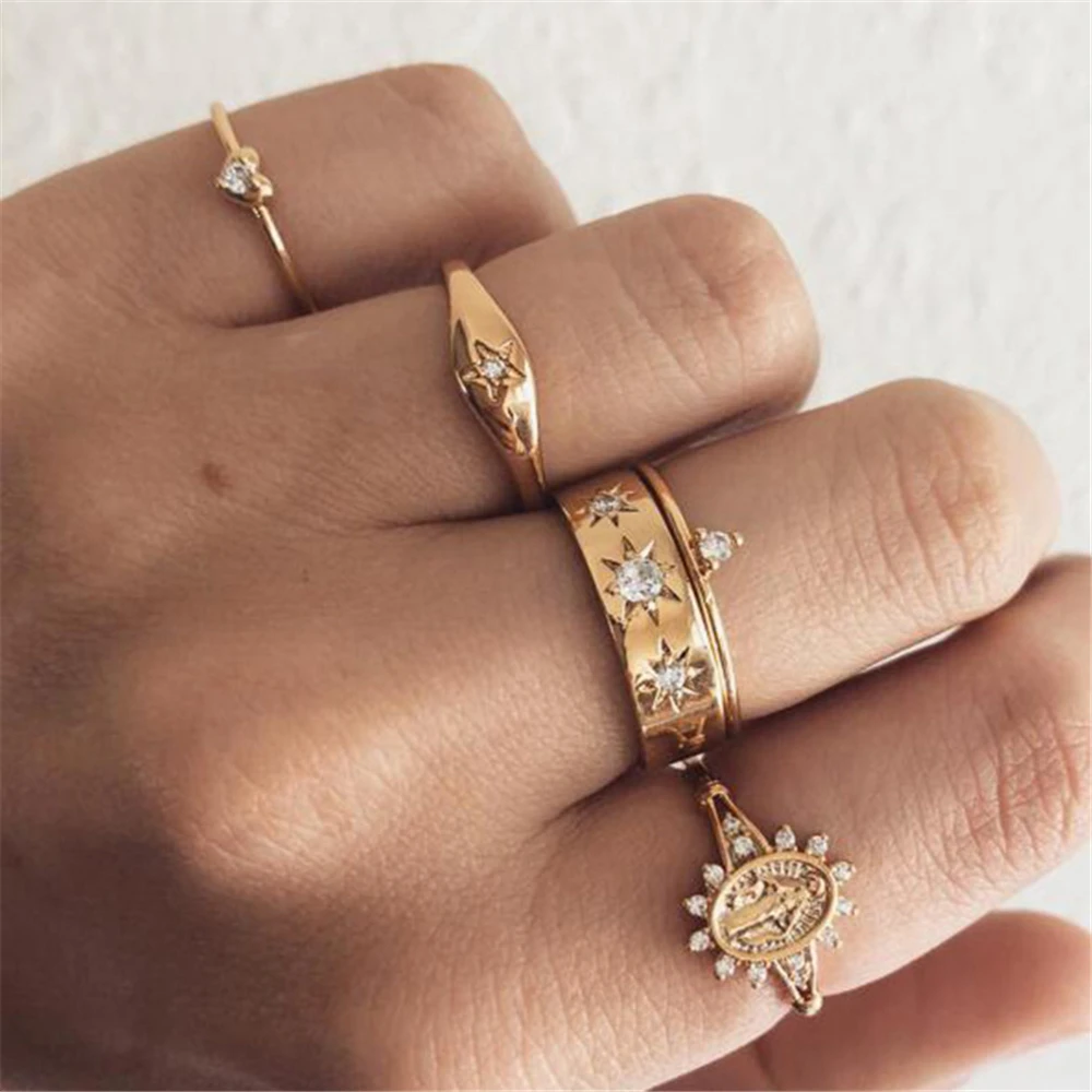 

Gold Color Vintage Crystal Stone Moon Star Heart Rings Set Women Midi Finger Kunckle Pearl Rings New Fashion Party Jewelry 2019