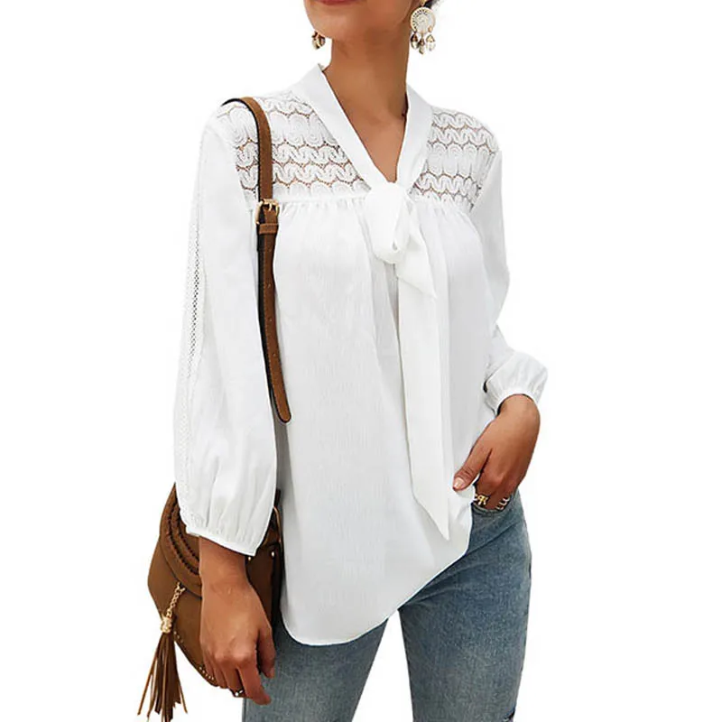 

Tie Lace Blouse Shirt Lantern Fashion Woman Blouses 2019 Long Sleeve Womens Tops and Blouses Autumn Elegant Top Tunic Women's