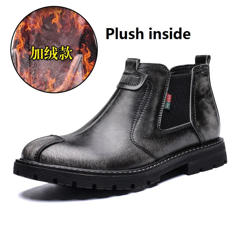 Chelsea Boots Men Winter Shoes Black Split Leather Thick sole Mens Footwear Warm Plush nonslip snow boots size 38-44 Walker peak - Цвет: Plush inside Grey