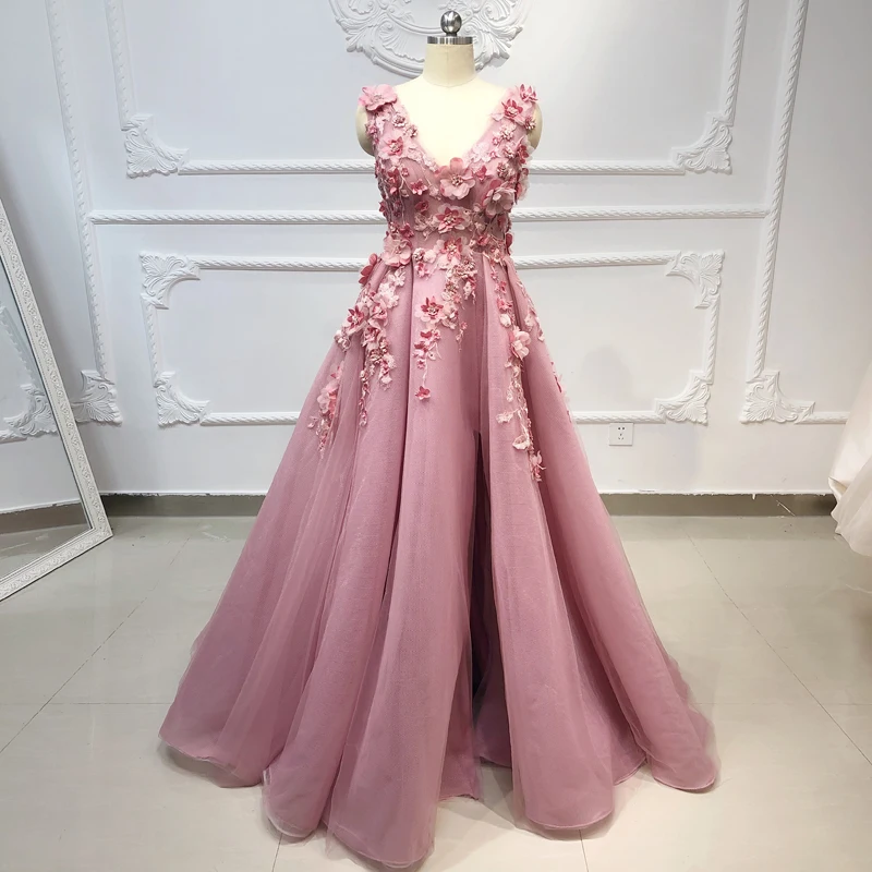 pink V Neck "Синий с плеча вечерние платья длинные с 3D цветы платья выпускного вечера vestidos de fiesta largos elegantes de gala " - Цвет: pink V Neck