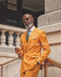 2Pcs Yellow Jacket Pants Men's Suits Sets Double Breasted Men's Clothing Men's Formal Blazer Trousers For Wedding Party Wear