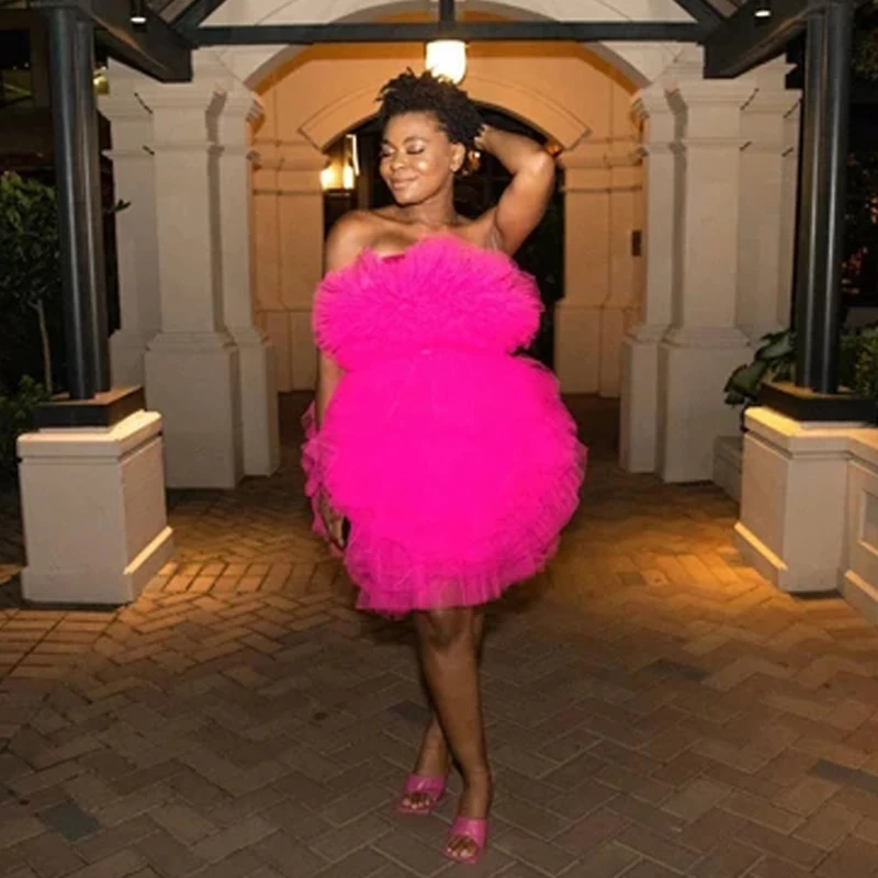 Fuchsia Ruffled Tulle Mini Dress Women 