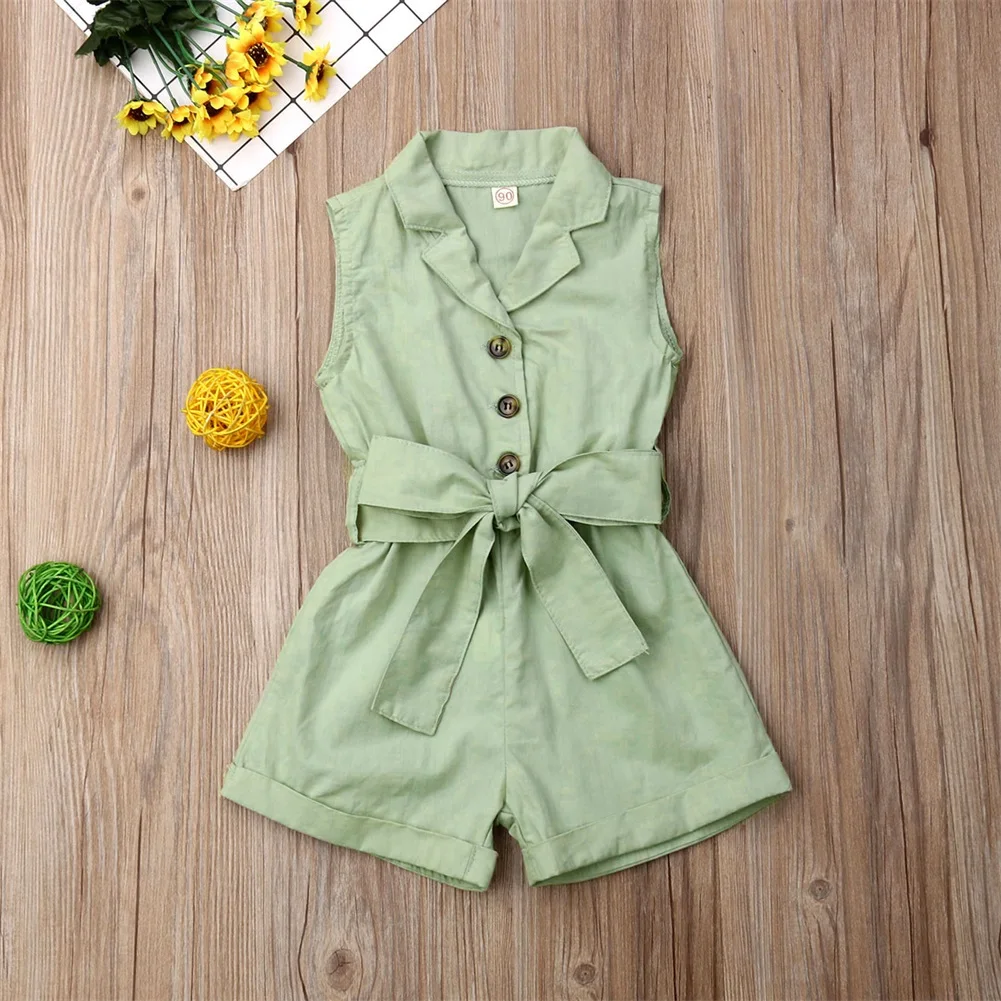 New Summer Kids Baby Girls Formal Clothes One-Pieces Sleeveless Button Bandage Romper Jumpsuit Overalls Outfits