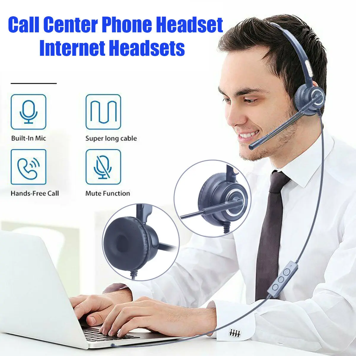 3 5mm USB Headset Handsfree Headphones with Noise Cancelling Mic Adjustable Call Tuning Mute Control for Call Center PC Computer