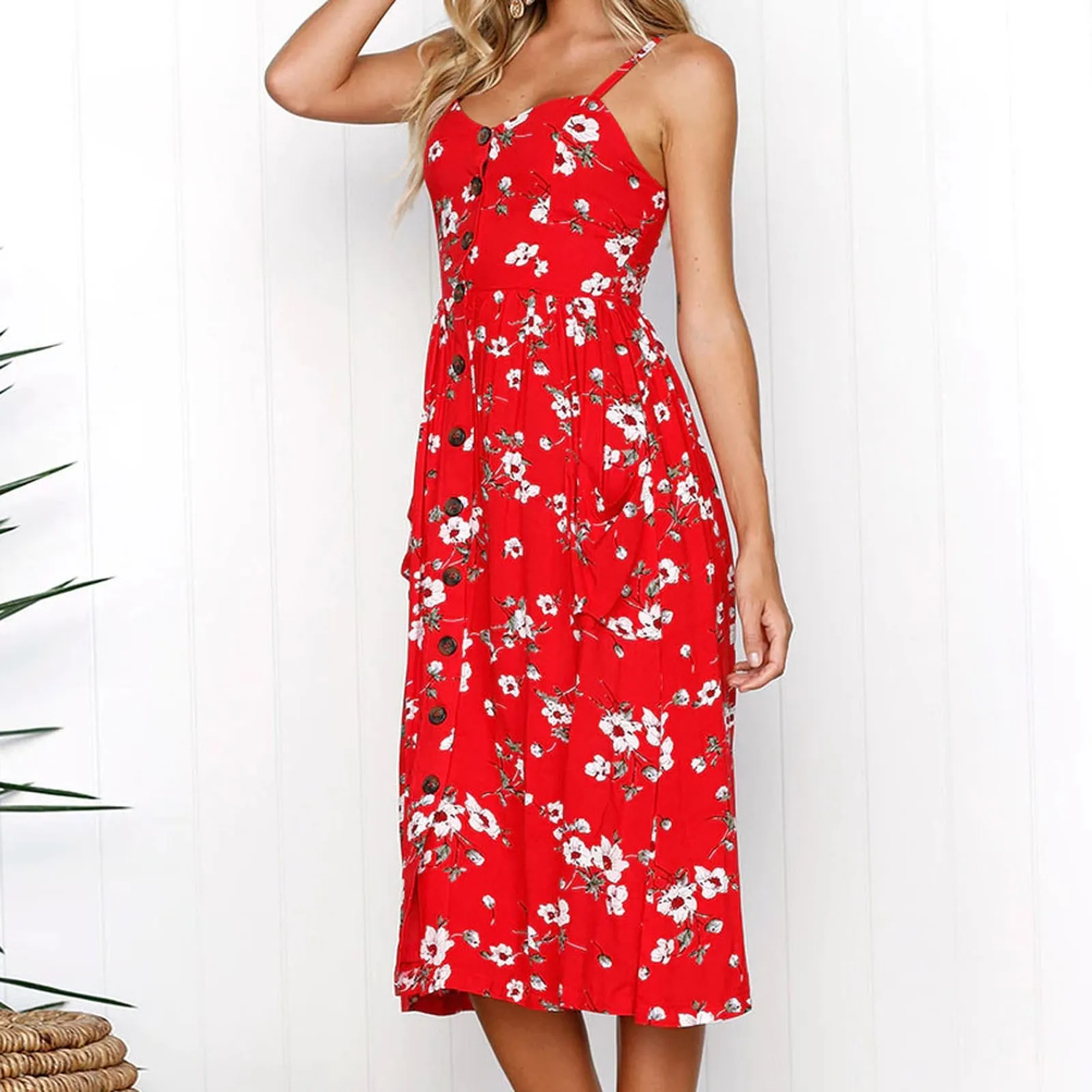 Flower Print Women Casual Loose Dress Pocket Button Sexy Dress Beach Style Sleeveless Bandage Temperamental Женский Vestido 2
