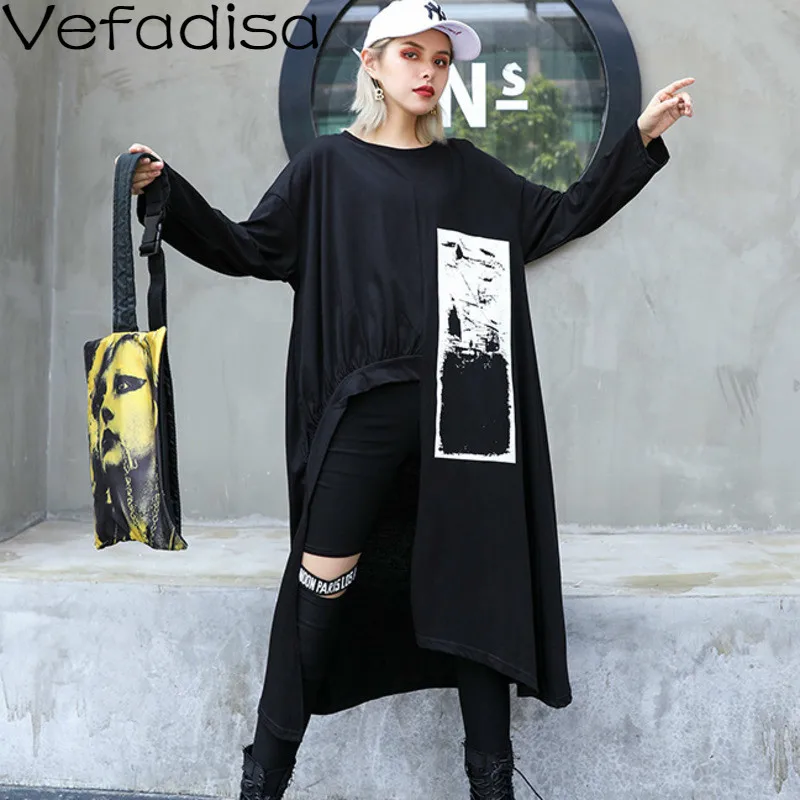 

Vefadisa Autumn Cotton Streetwear Dress Black Irregular Dress O-Neck Loose Printed Pullovers Long Sleeve Dress Woman 2019 QYF373