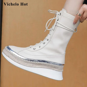 

Vichelo Hot genuine leather wedges platform straw leisure round toe thick high heel lace up beauty lady dress mid-calf boots L07
