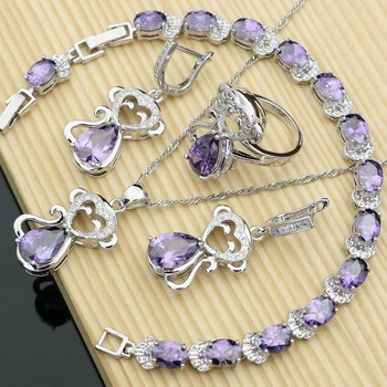 

Bride 925 Silver Jewelry Sets Purple Amethyst Earrings Rings Fashion Accessories Wdding Monkey Necklace Set Dropshipping