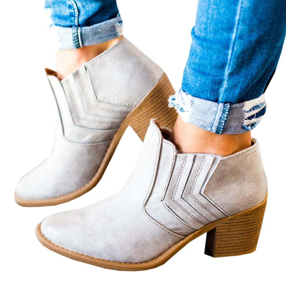 

Plus Size Retro Leather Winter Shoes Woman New Ankle Boots For Women Block High Heels Botas Zapatos Mujer Booties Cowboy Boots
