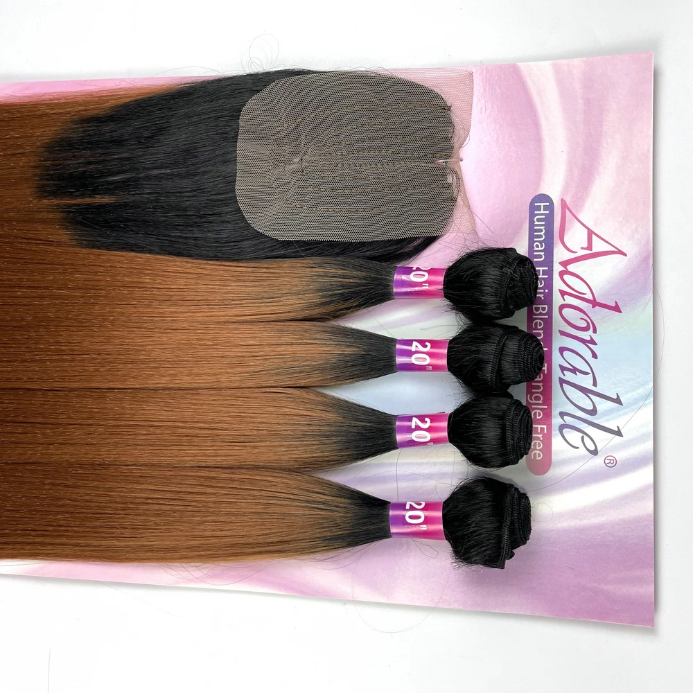 Deep Brown Color Yaki Straight Synthetic Bundles With LaceClosure High Temperature Fiber For Black Woman T1b30 Amazing Yaki 4pcs