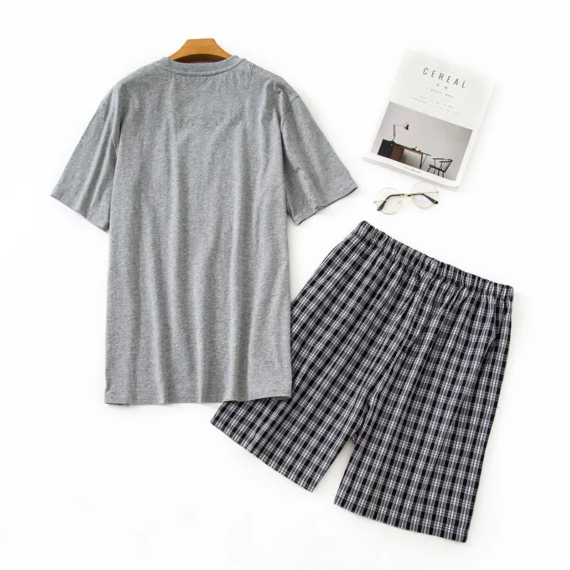 New O-Neck Cotton Mens Summer Woven Short Sleeve Shorts Pajamas Set Men Pijamas Big Size Plaid Sleepwear Leisure Suits Nightwear