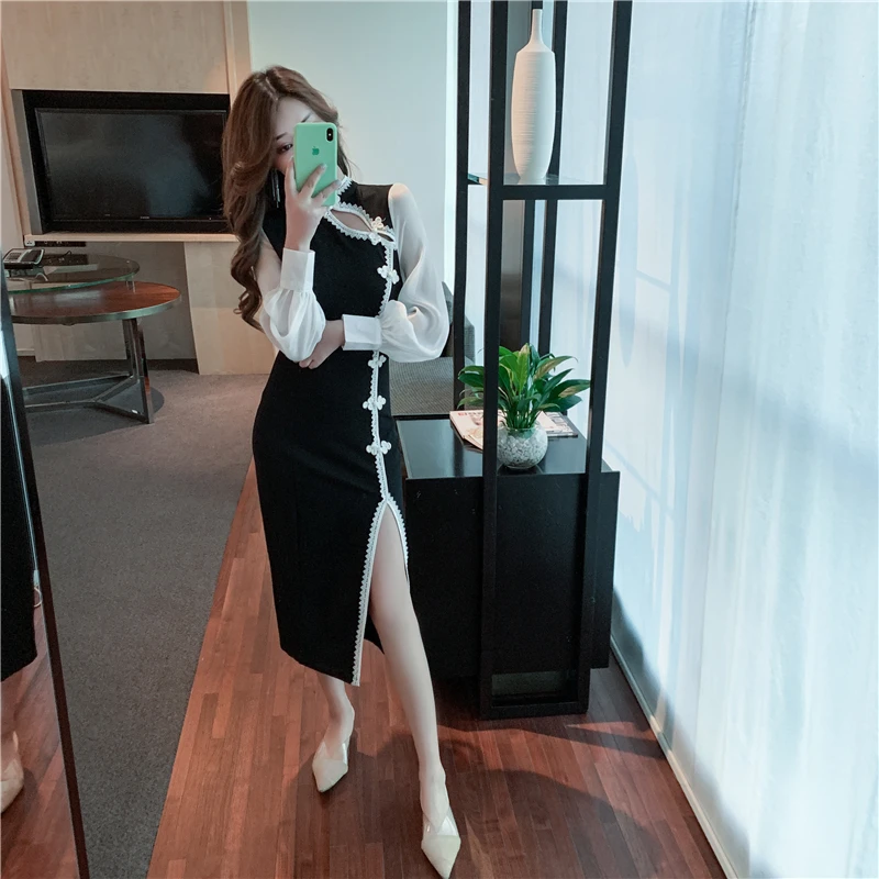 Moda feminina, женская одежда, платья для девушек, винтажный стиль, осень, пэтчворк, Империя, стоячий вырез, узкое, до колен, на пуговицах