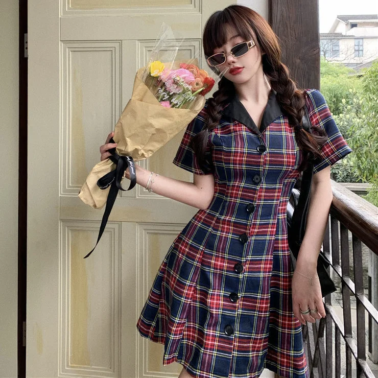 Dress Women Plaid Preppy Style Kawaii College Above Knee Ladies Clothing Sweet Short Sleeve Turn-down Collar Vintage Girl Trendy mini dress