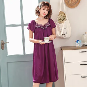 

Nightgown Women's Summer Short Sleeve Sexy Viscose Skirt Mid-length Fat mm Nightgown Summer Mom Wide Envoy da ma qun