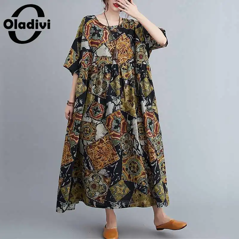 Платье Oladivi женское оверсайз с коротким рукавом модная длинная туника принтом