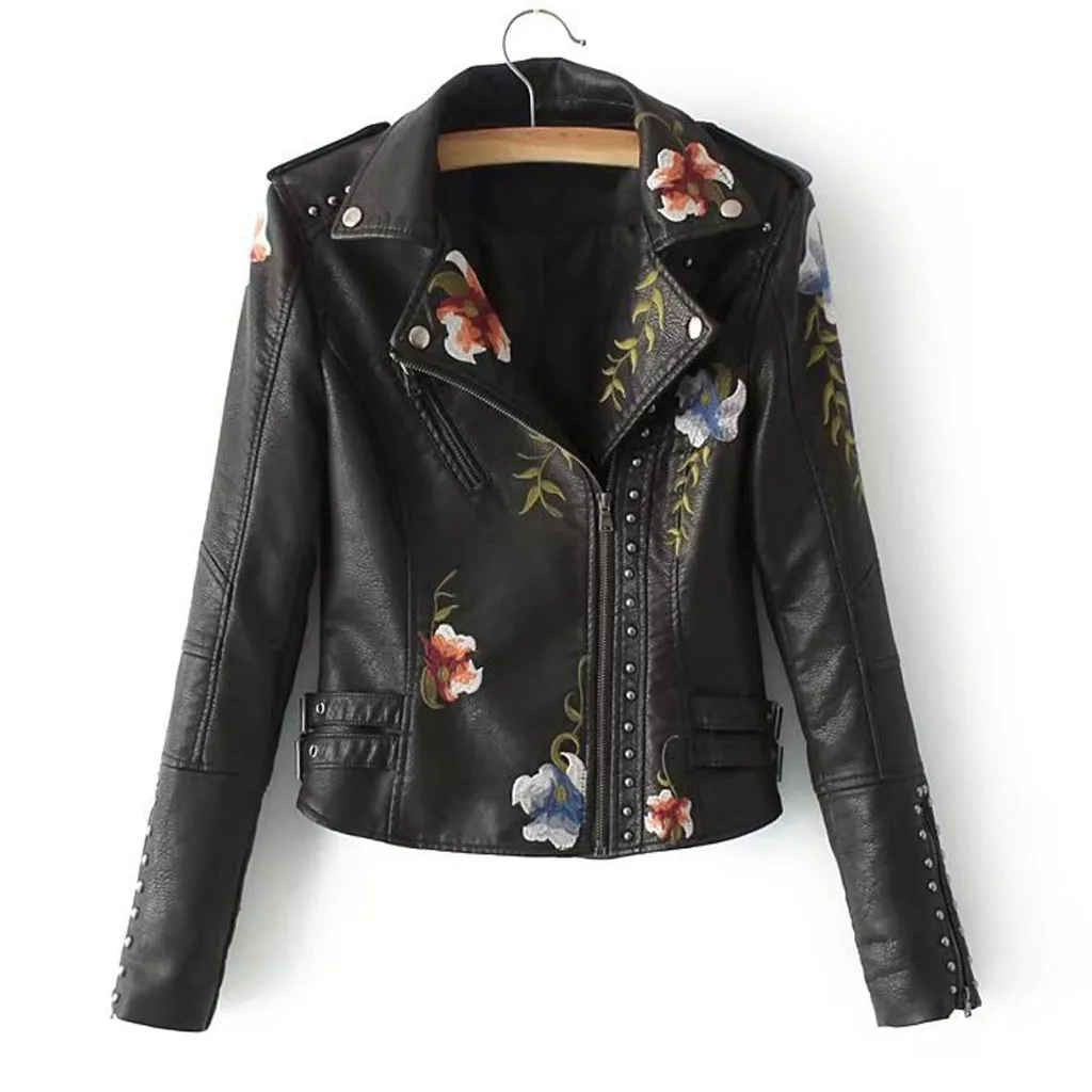 Осенняя Женская вышитая куртка из искусственной кожи с длинным рукавом, мотоциклетная верхняя одежда на молнии, куртка, негабаритная кожаная куртка, Женское пальто