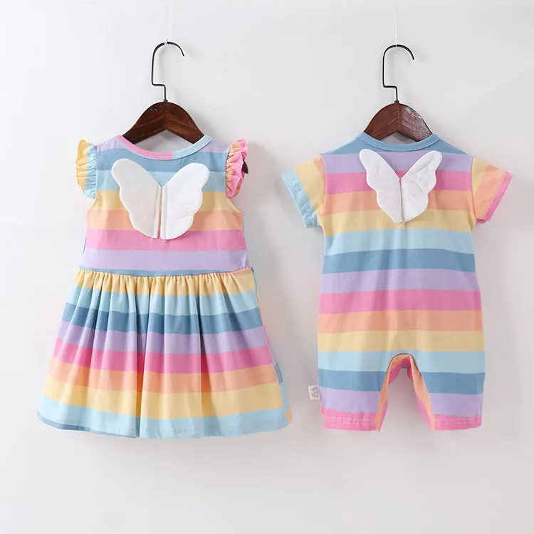 

New Sweet Toddler Baby Girl Rainbow Dress Romper 3D Wings Casual Cotton Bow Stripes Ruffle Sleeveless Princess Party Sundress