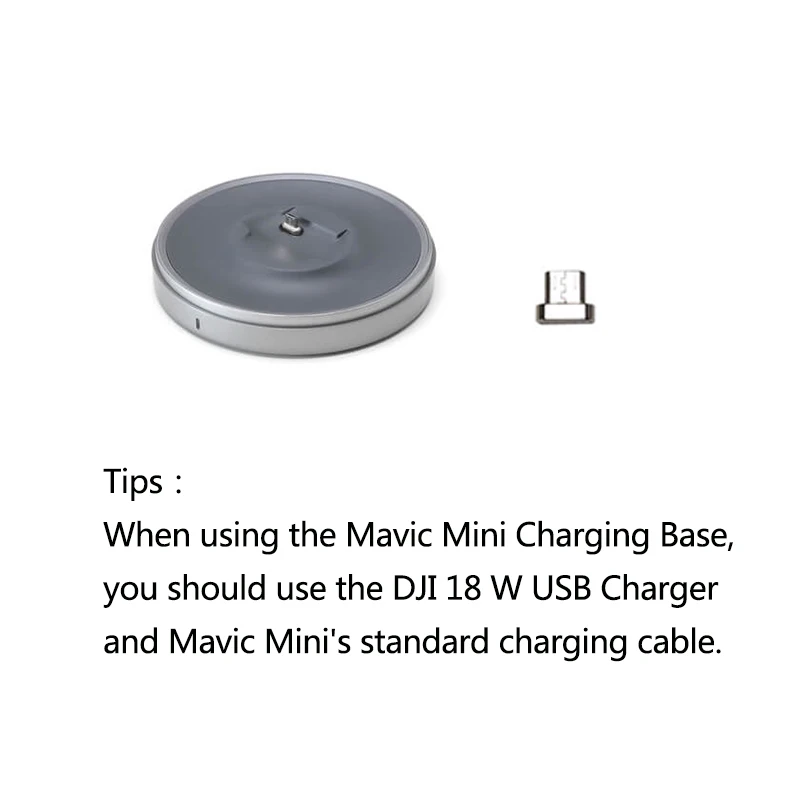 DJI Mavic Mini Зарядная база отображает Mavic Mini Зарядка должна использовать DJI 18 Вт USB зарядное устройство и стандартный зарядный кабель