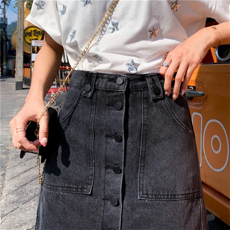 Черная Женская Повседневная джинсовая юбка с карманами Весна Лето Новая облегающая юбка Базовая джинсовая юбка с высокой талией Saias плюс размер S-5XL