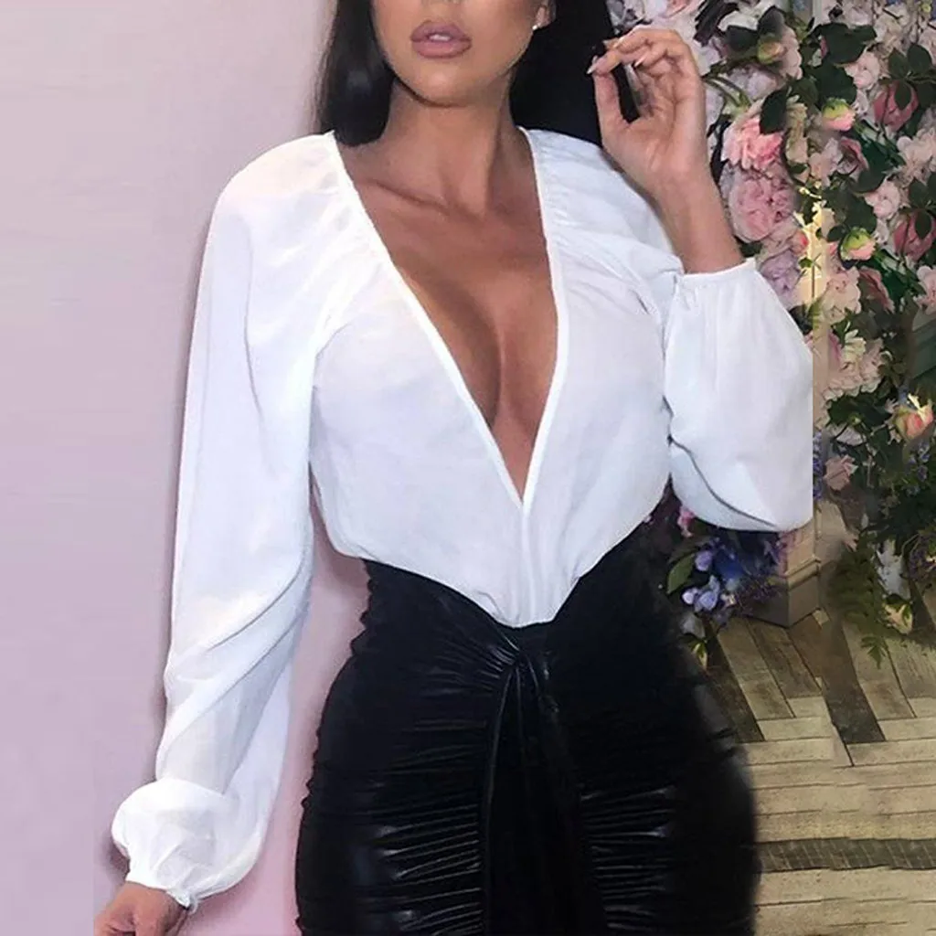 Bodysuits Women Sexy Solid Deep V-Neck Long Sleeve Undercoat Shirt Blouse bodysuit women 2019 body Tops