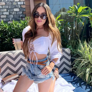 

New Fashion Long Puff Sleeve Women Shourt Blouse Tops Slim Sexy Solid Color Bandage In Front Ladies Young Girl Wild Top 2020