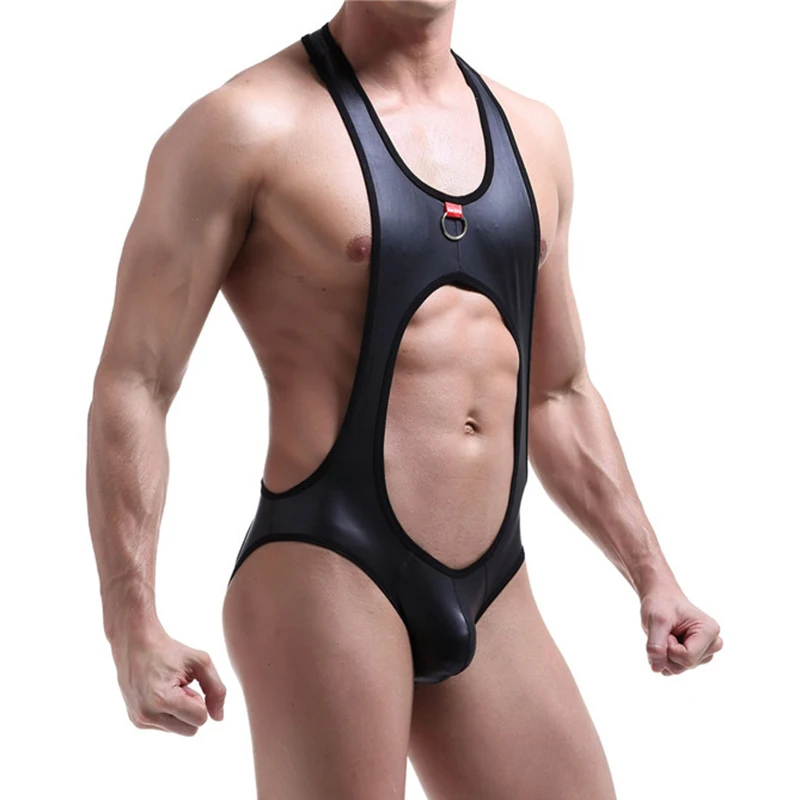 Mens Bodysuit Jock Strap PU Leather Open Back Lingerie Latex Catsuit One Piece Sexy Gay Jumpsuits Wrestling Singlets Undershirts men underwear men undershirt men wrestling singlet