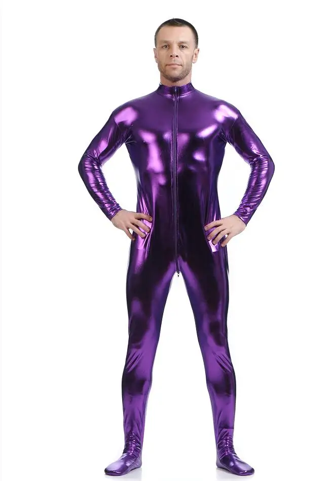 Men Latex Suit Black Shiny Metallic Tights Gold Zentai Suit Full Body Unitard Skin Bodysuit Zipper Front catsuit cosplay costume adult unitard latex lingerie mens bondage lingerie