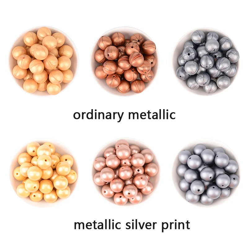 LOFCA Silicone Beads 10pcs Metallic Silver Print 12/15/19mm Teething Beads DIY Chewable Babies Accessories BPA Free Baby Teether