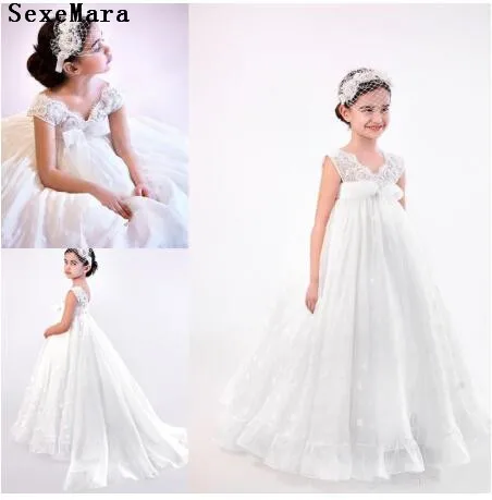 

New Arrival White First Communion Dress for Girls V Neck A-Line Puffy Tulle Little Princess Dress for Wedding Party Pageant Prom