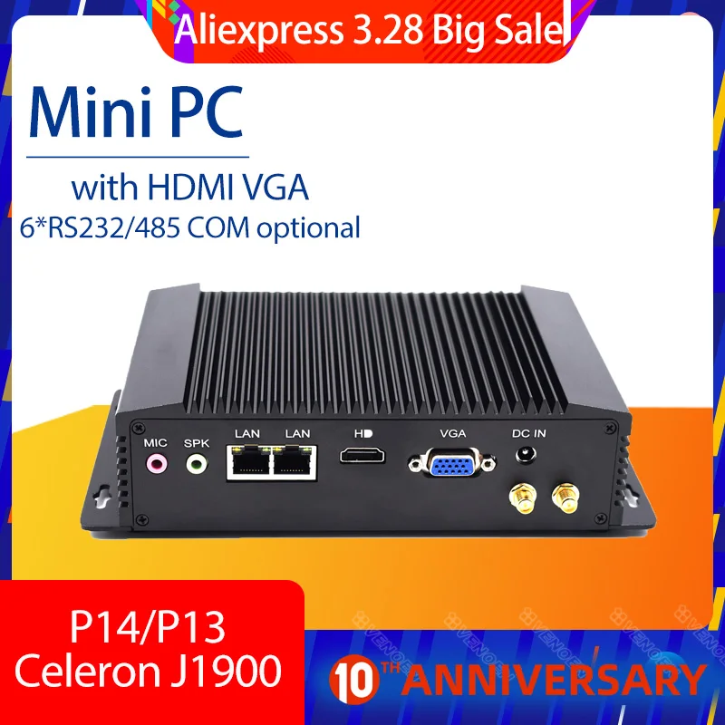 Мини ПК Windows 7 с двойным LAN безвентиляторный мини Intel Celeron J1900 RS485 COM USB WIFI