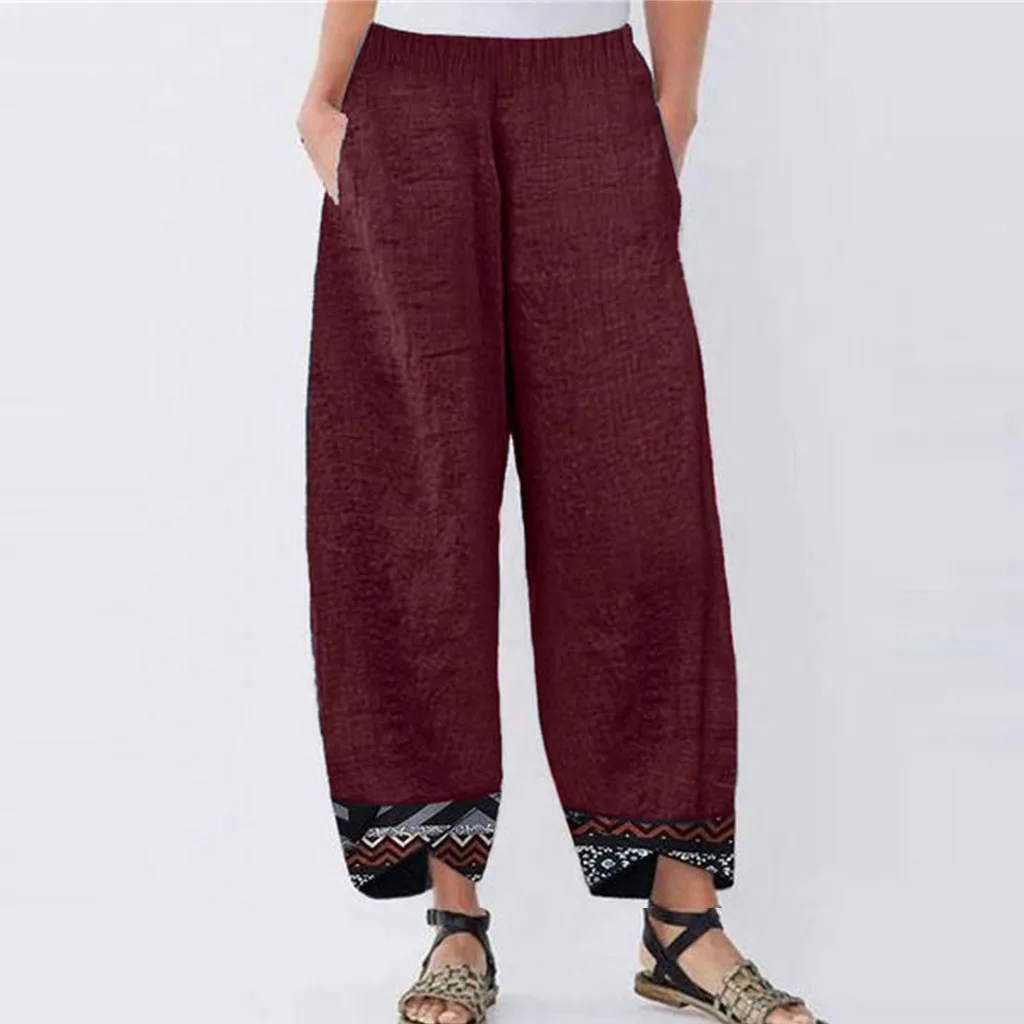 

Pockets Loose solid Cotton Linen Long Harem Pants Women Elastic Waist Casual Cargo Pantalon Overalls Trousers Plus Size #3