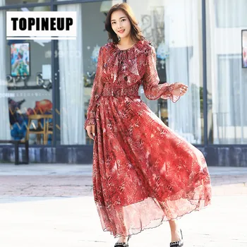 

Women Elegant retro Round neck Thin section Trumpet sleeve large long chiffon printed dress
