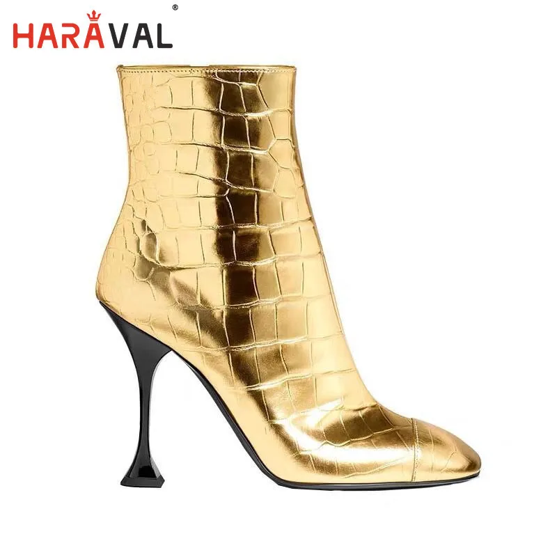 

Europe and the United States new high-heeled square head gold crocodile pattern boots gold leather boots winter boots women