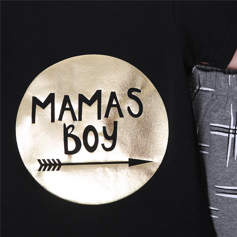 Комплект одежды для новорожденных мальчиков, футболка с короткими рукавами с надписью «Mama» для мальчиков топы, черные длинные штаны комплект для активного отдыха для маленьких мальчиков