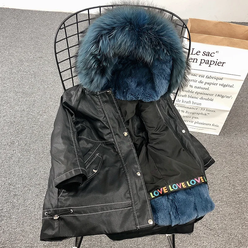 black w blue fur 1906 Новая модная зимняя одежда для мальчиков и девочек, пальто с натуральным мехом, длинное пальто с капюшоном с кроличьим мехом - Цвет: black w blue fur