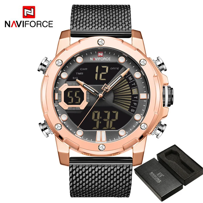 NAVIFORCE мужские часы, кварцевые цифровые мужские часы, военные спортивные часы из нержавеющей стали, Топ бренд, роскошные золотые Модные мужские наручные часы 9172 - Цвет: NA917203 with box