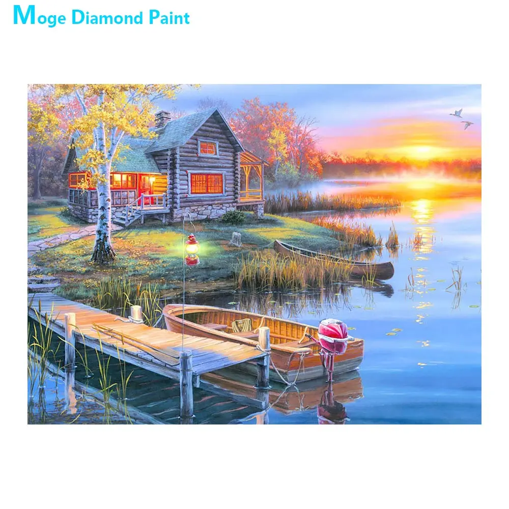 

Countryside Lakeside Wooden house Boat Diamond Painting Scenic Round Full Drill DIY Mosaic Embroidery 5D Cross Stitch landscape
