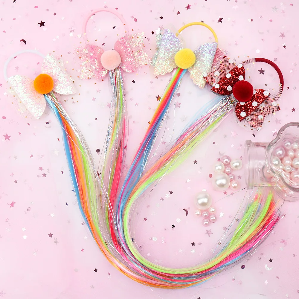

Princess Girls Pigtails Hair Bands Colorful Long Braid Wig Glitter Hair Bows Scrunchie Hair Tie Children Kids Hair Accessories
