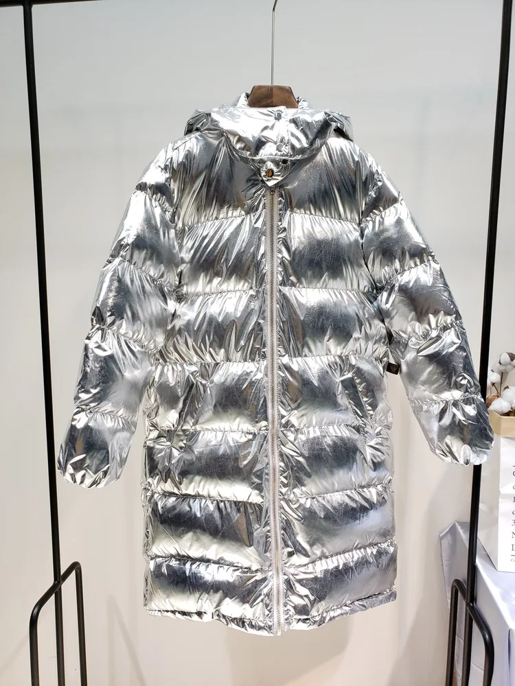 L77street Liizi Зимняя Толстая блестящая женская зимняя куртка серебряное длинное универсальное хлопковое пальто выше колена