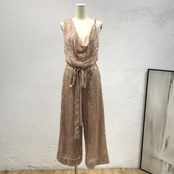 

Cakucool New Summer Rompers Women Golden Sequined Overalls V-neck Off Shoulder Shimmer Slim Sashes Wide Leg Sexy Jumpsuit Women