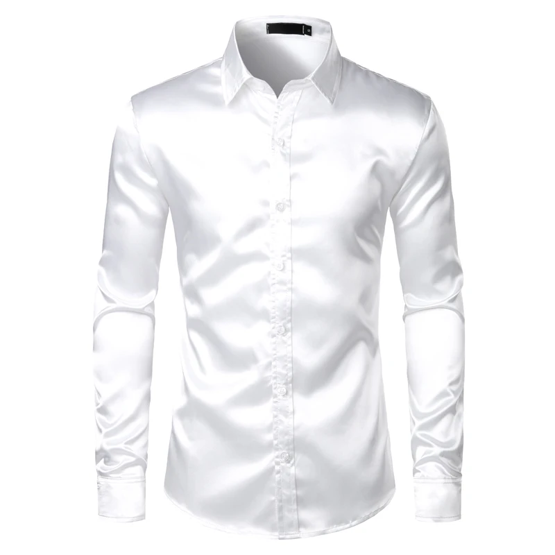 Royal Blue Silk Satin Shirt Men 2022 