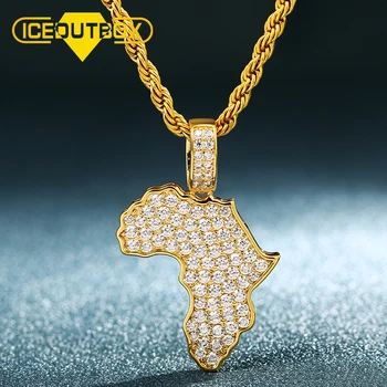 

ICEOUTBOX Full Of Crystal Africa Map Pendant For Women Men's Hip Hop Jewlery Bling Iced Out Cubic Zircon Necklace Club Rapper