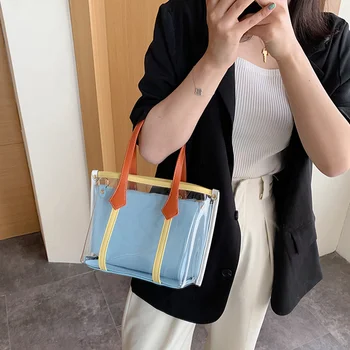 

Transparent PVC Handbag Female 2020 New Contrast Color Stitching One Shoulder Diagonal Two-piece Girl Tide Bag Women