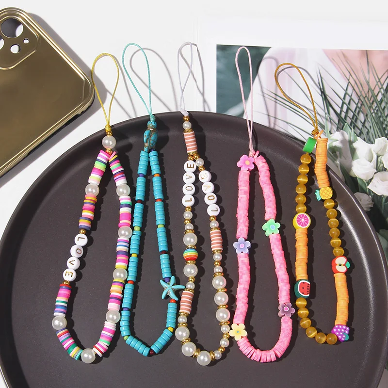 New Multicolor Mobile Phone Chain Handmade Strap Lanyard Beads Smile LOVE Letter Charm Anti-lost Cellphone Case Rope For Women