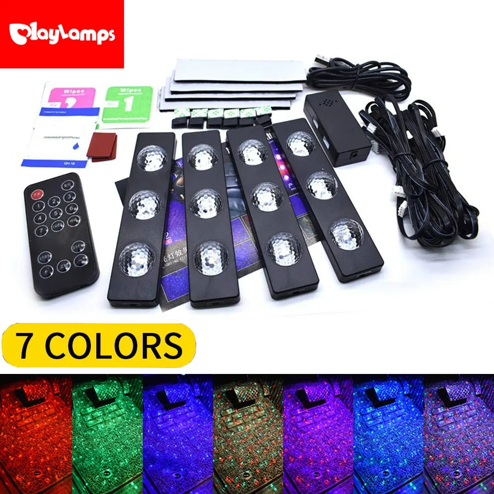 1 комплект светодиодный 7 цветов Автомобильный USB атмосферный свет RGB красочный музыкальный звук пульт дистанционного управления Интерьер полосы лампы